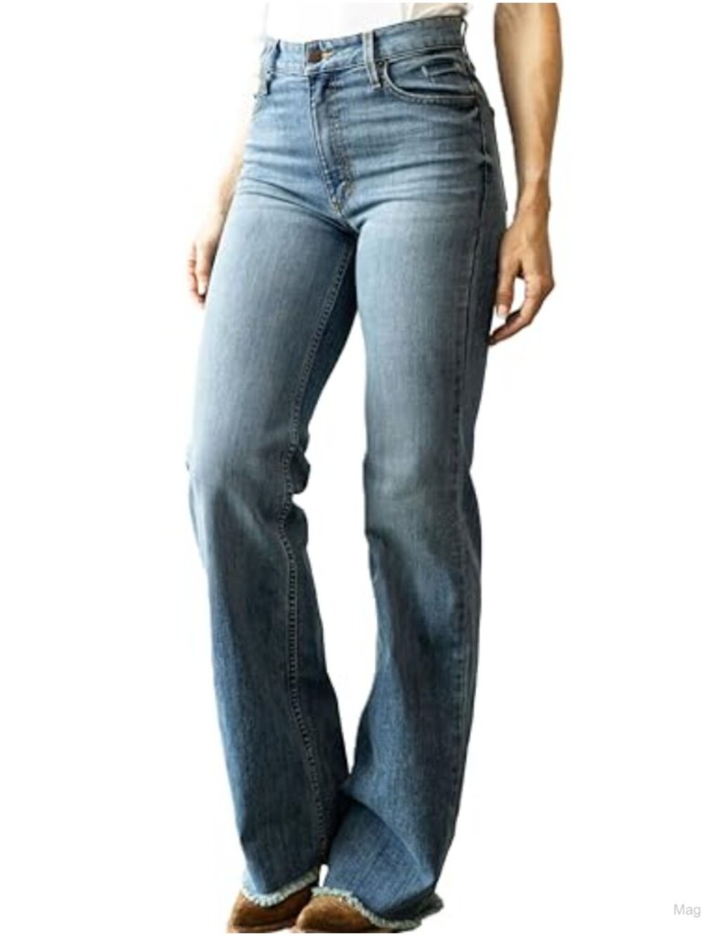 High Rise Wide Leg Raw Hem Jeans - Cotton Blend Stretch Denim